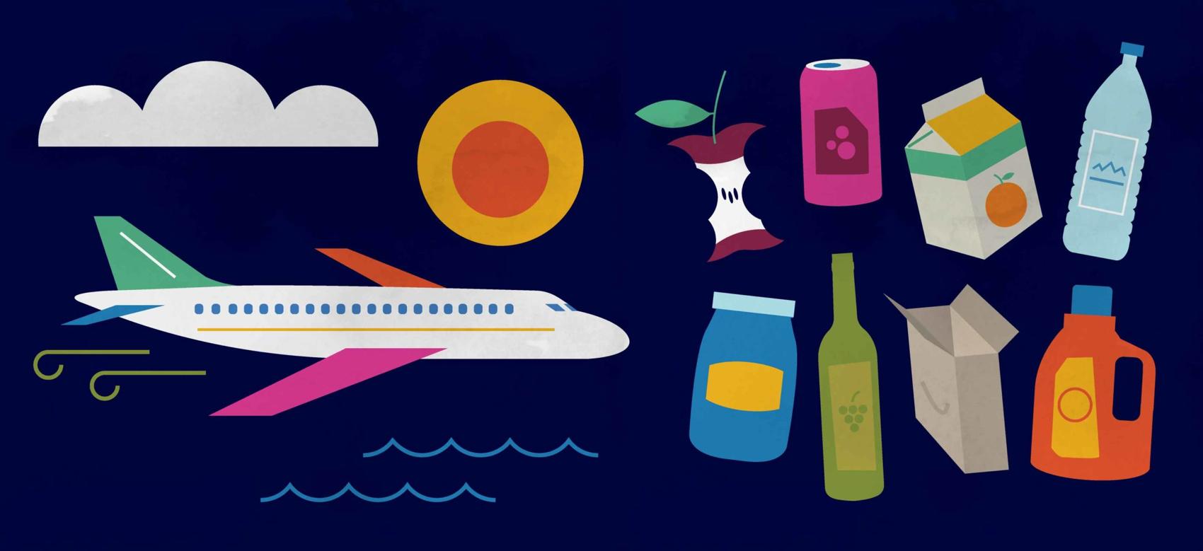 Illustration of ways to reduce your carbon footprint, comparing air travel to recycling.