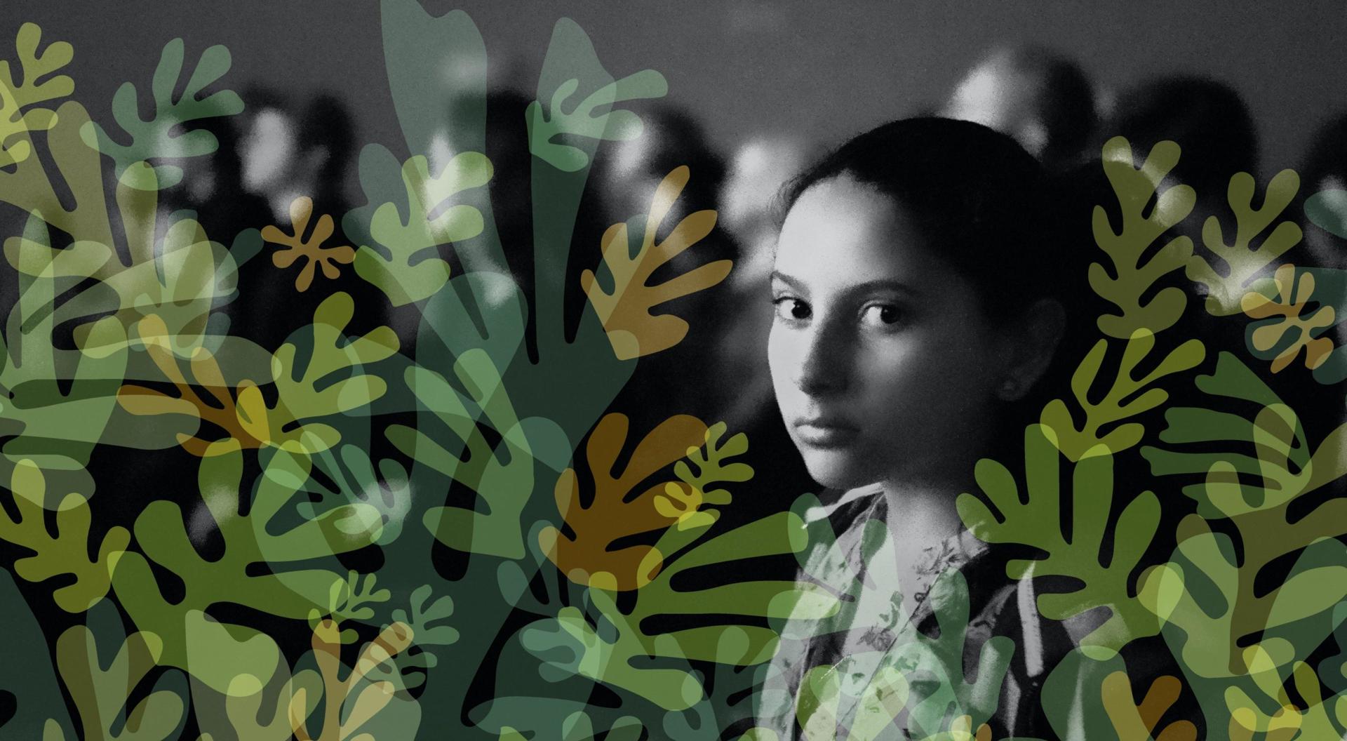 Environmental human rights illustration showing a young girl among leaves