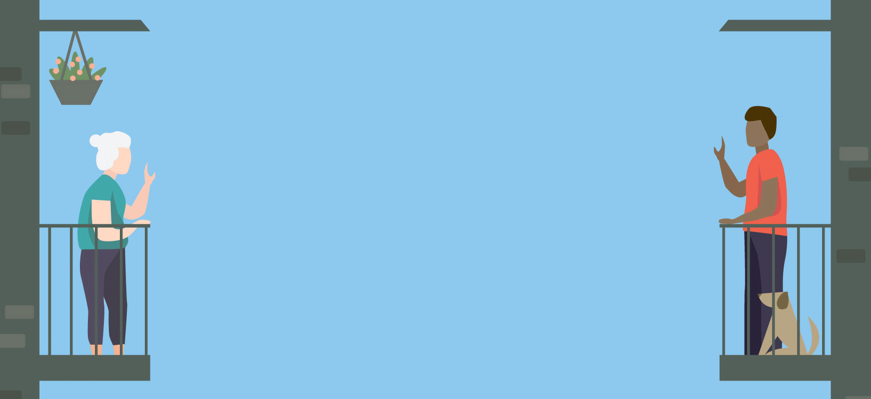 Illustration of a young man having a conversation with a senior woman