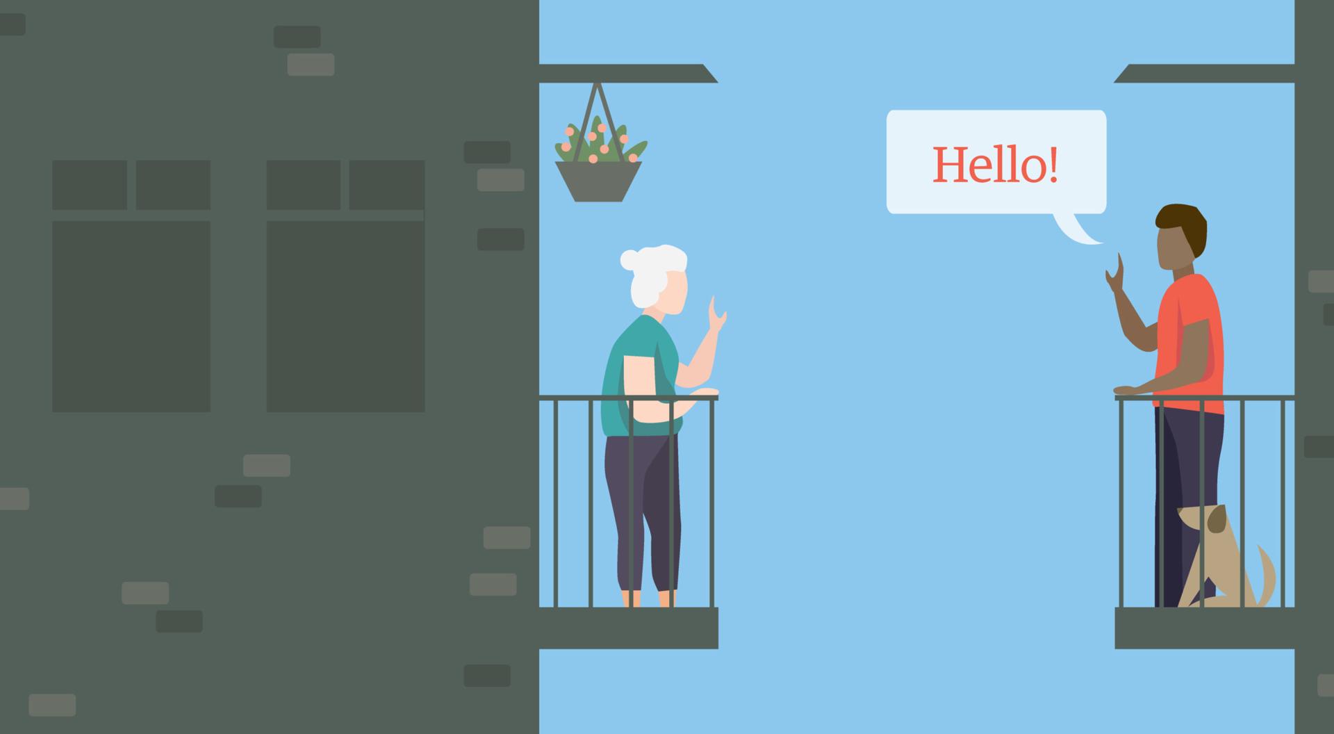 Illustration of a young man having a conversation with a senior woman