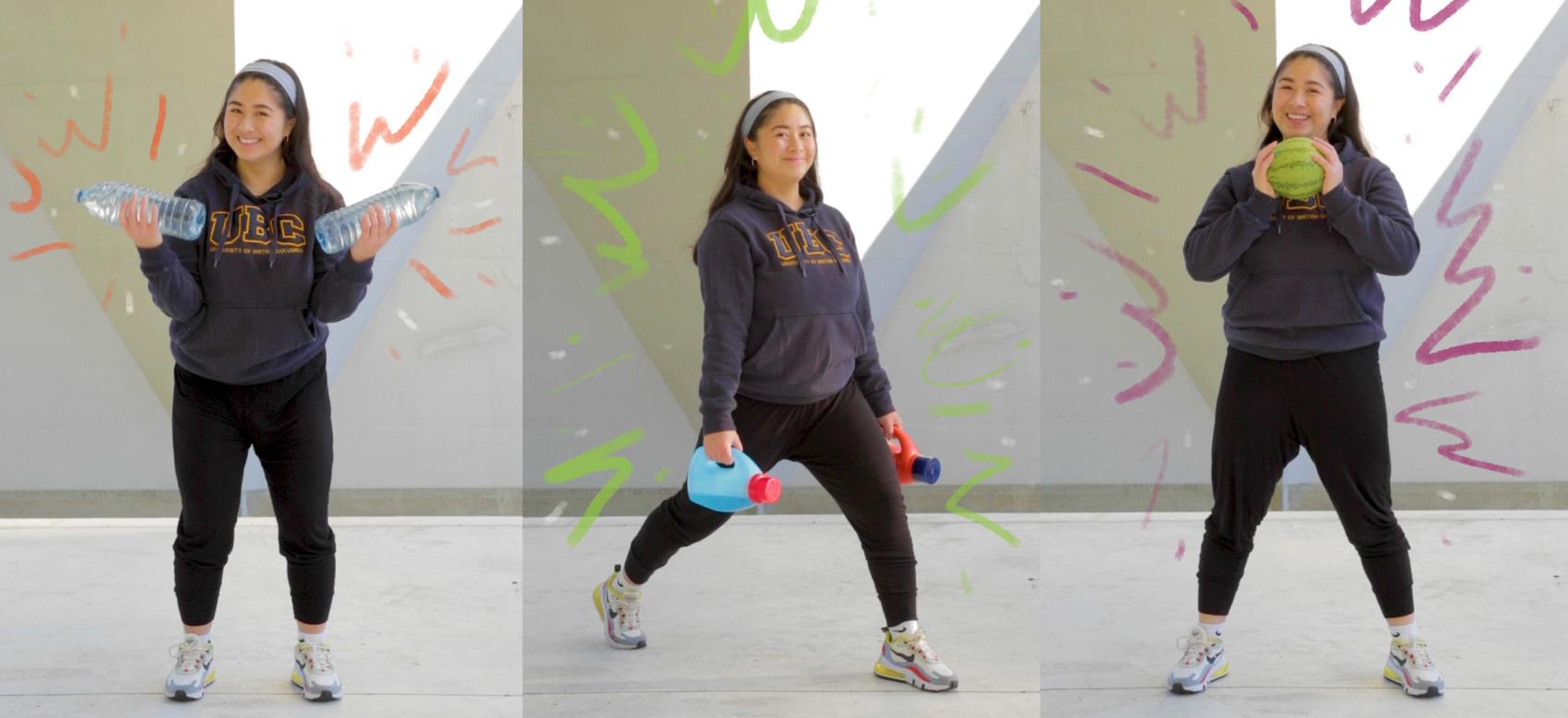 A person shows how to exercise using objects found at home, such as water bottles and laundry detergent bottles, as weights