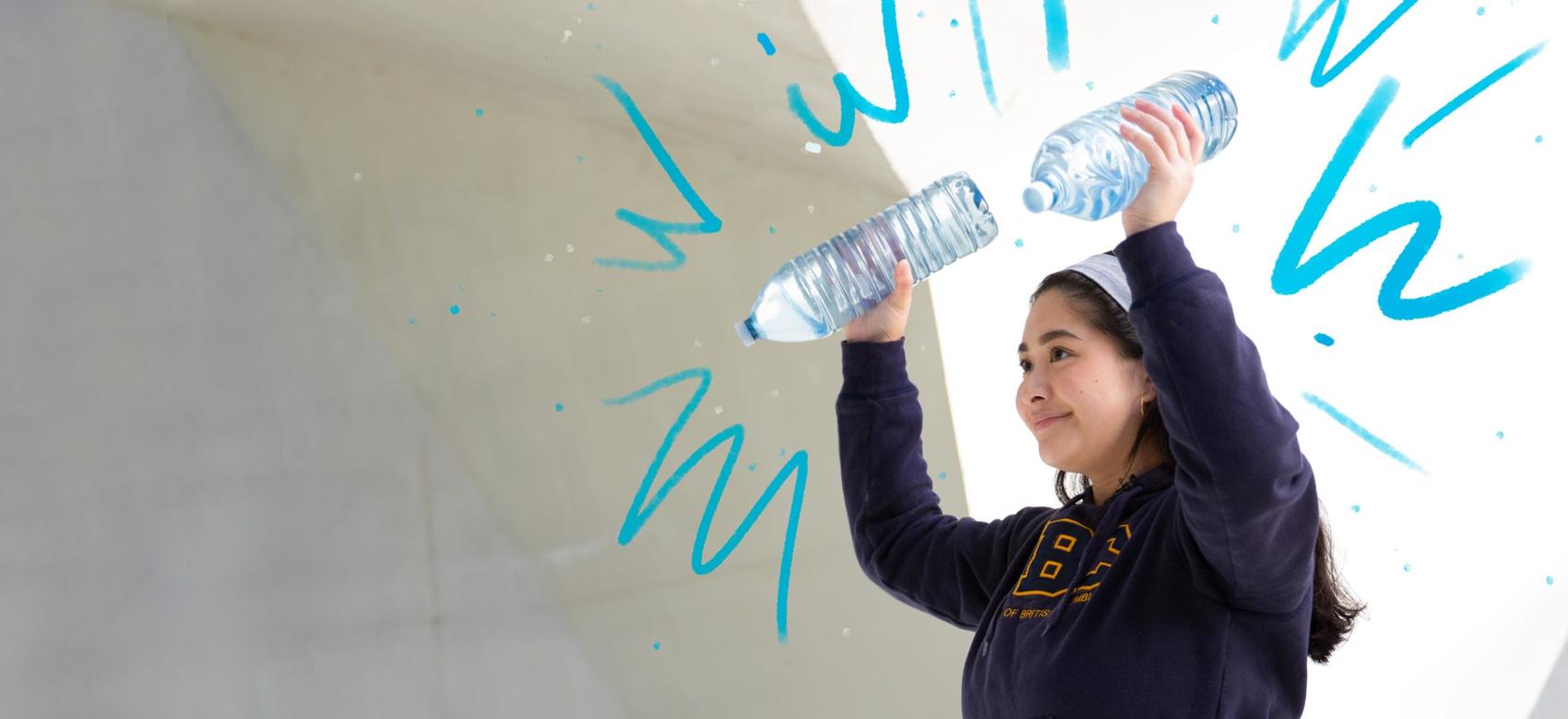 A person does an exercise workout by using water bottles as weights