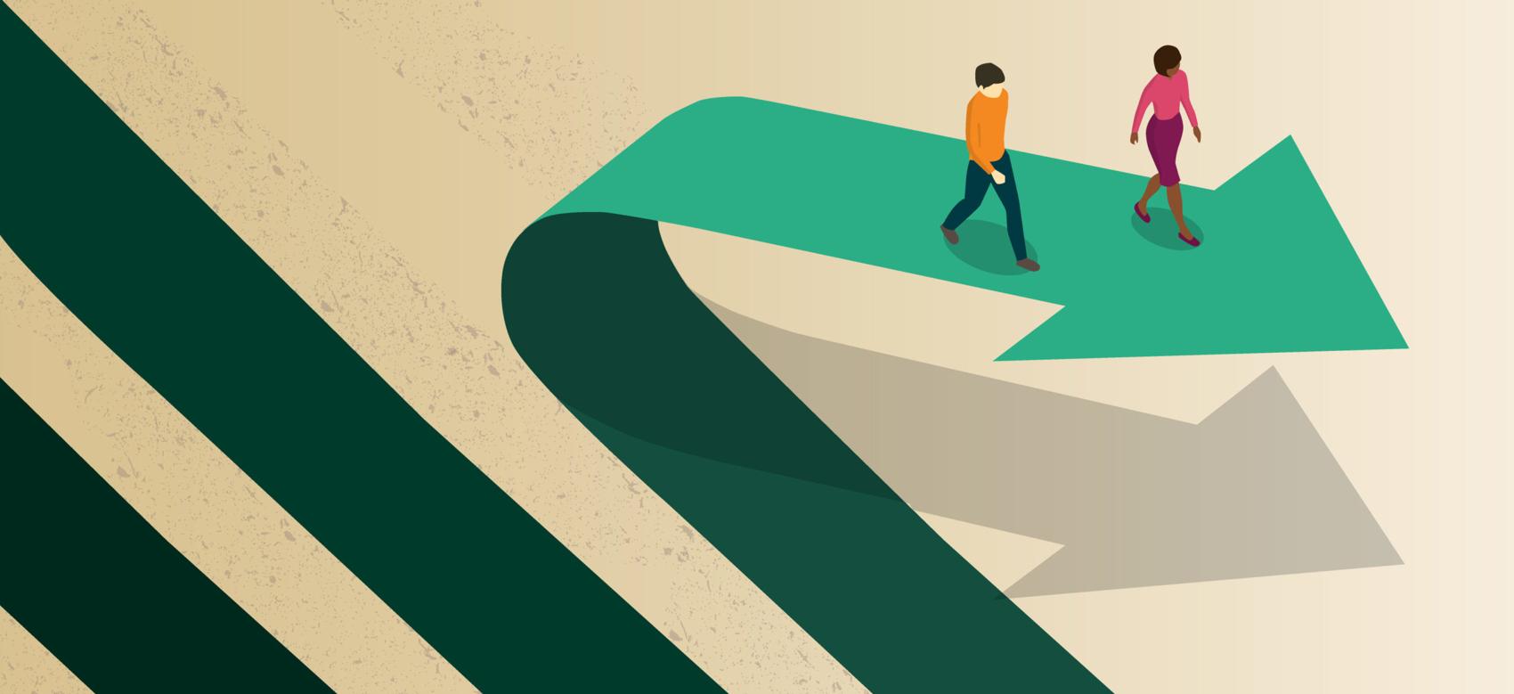 An illustration of two people choosing a new career and personal financial path