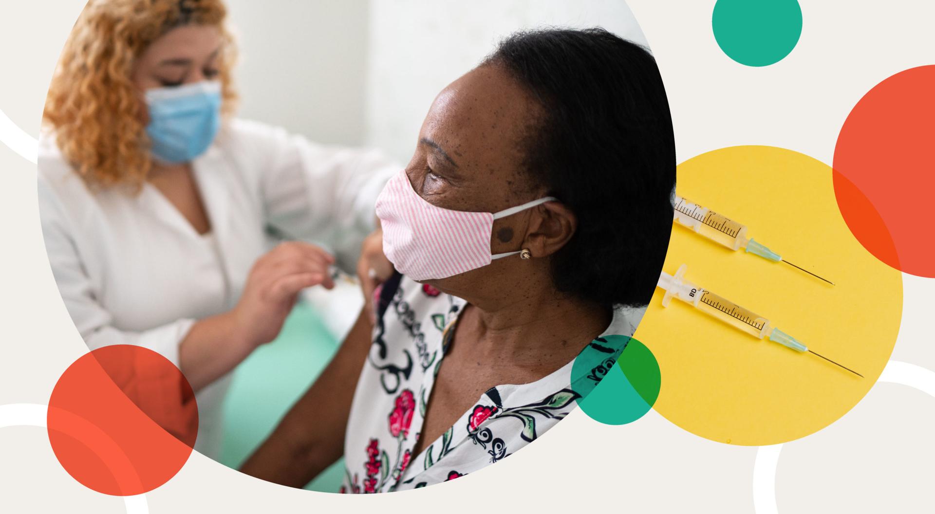 A medical professional gives a COVID-19 vaccination to a senior