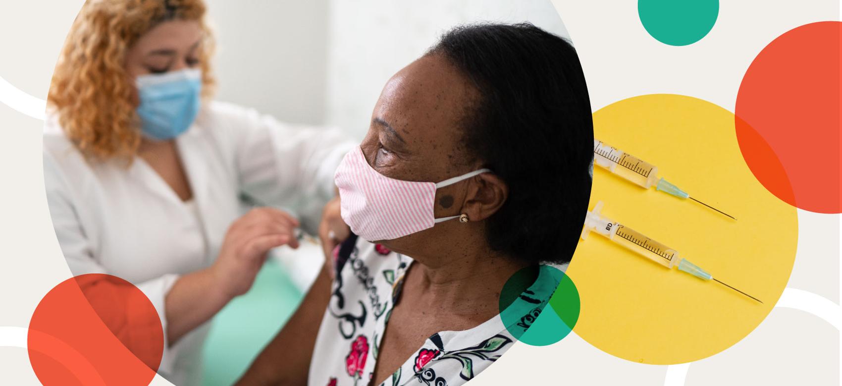 A medical professional gives a COVID-19 vaccination to a senior