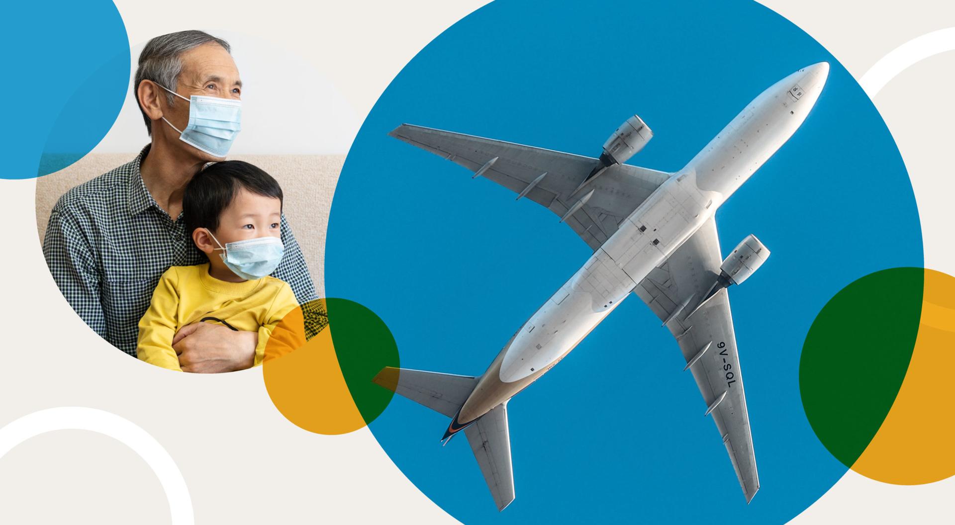 An illustration showing life after the COVID-19 vaccine, including children visiting with grandparents and a plane leaving for a vacation destination