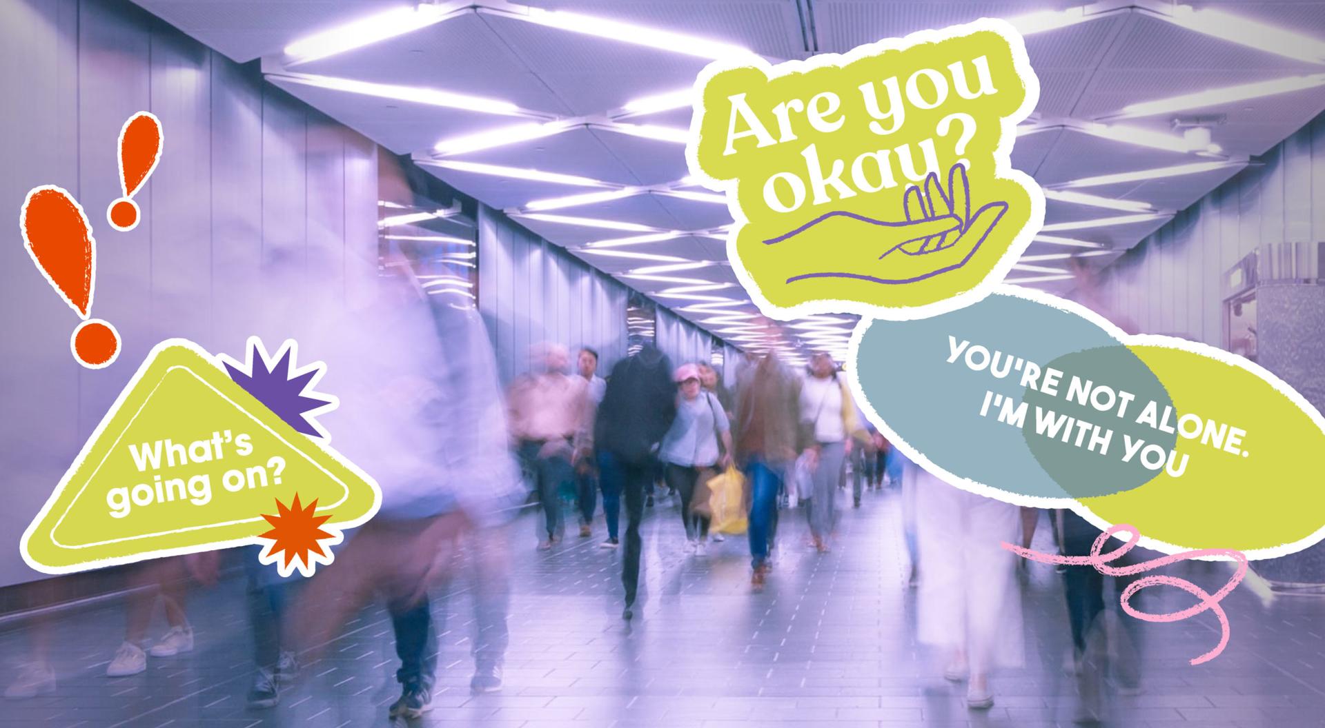 An illustration showing what one can say as an active witness during a racist attack. Phrases like "Are you okay?" and "You're not alone" appear.