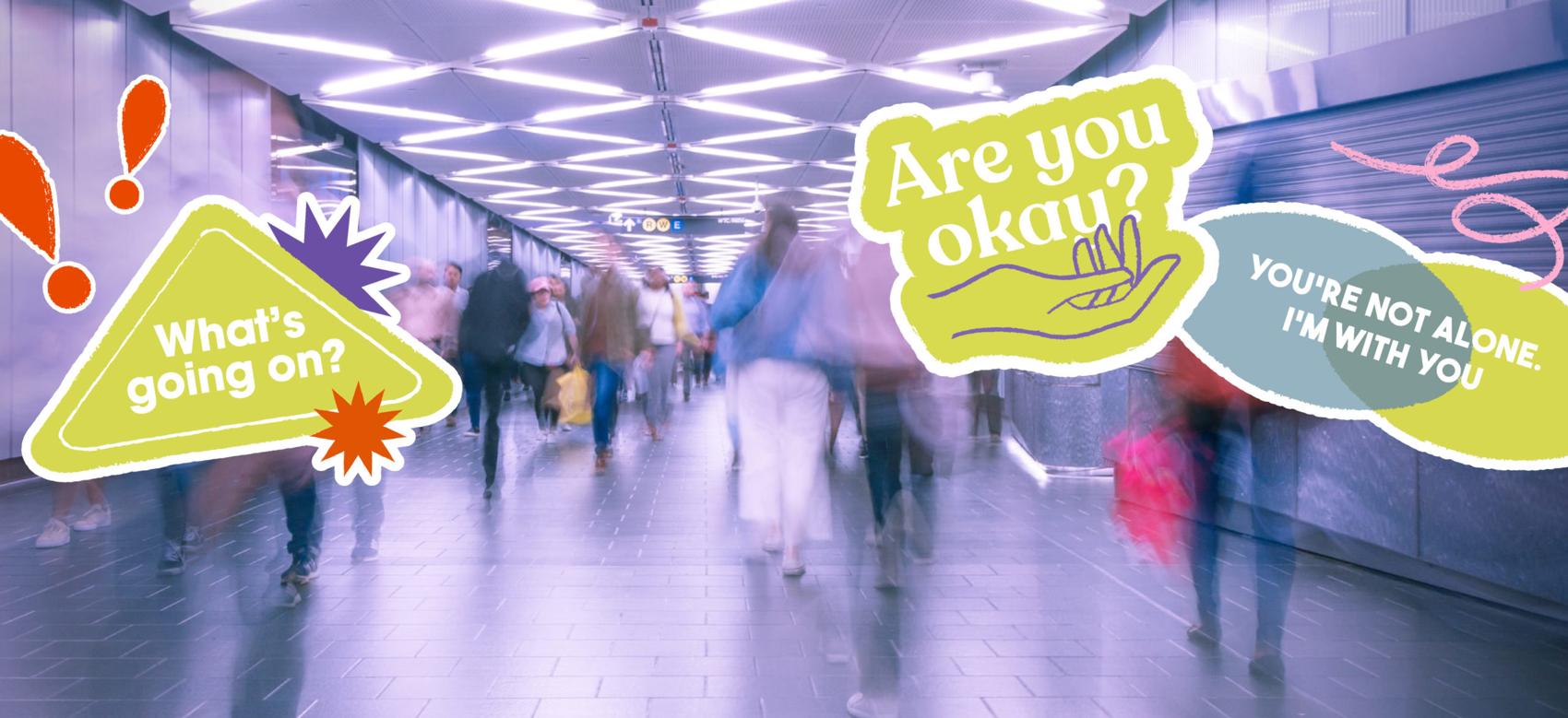 An illustration showing what one can say as an active witness during a racist attack. Phrases like "Are you okay?" and "You're not alone" appear.