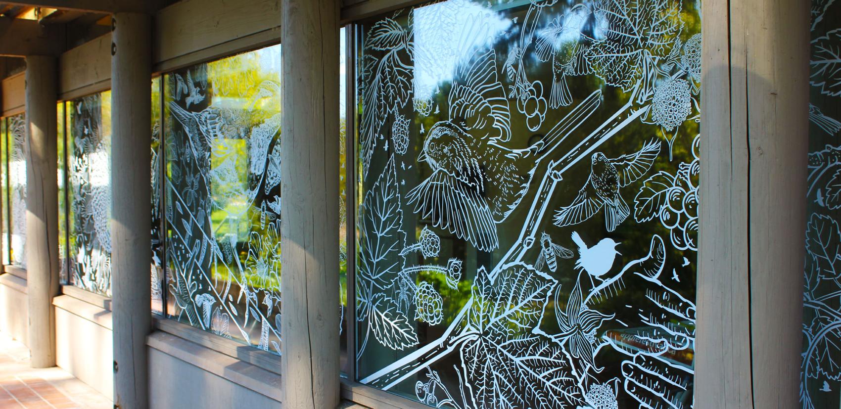 Windows at the UBC Botanical Gardens, which have been covered in artistic decals to prevent birds from hitting windows.