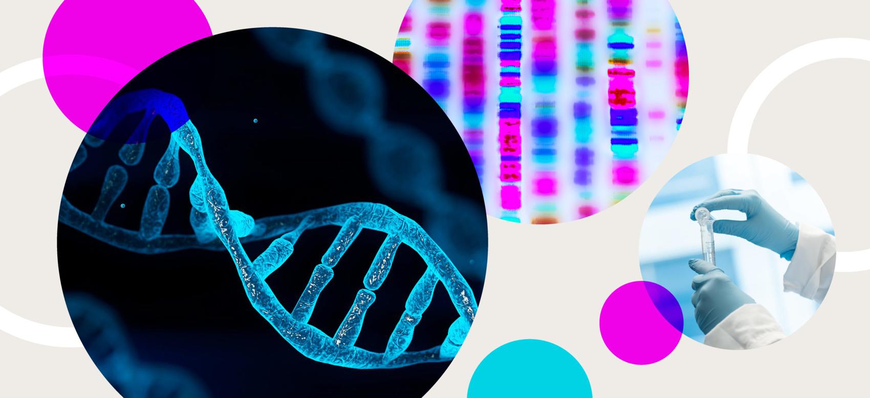 A collage showing a scientific illustration of DNA, the results of genome sequencing and a person working in a genomics lab