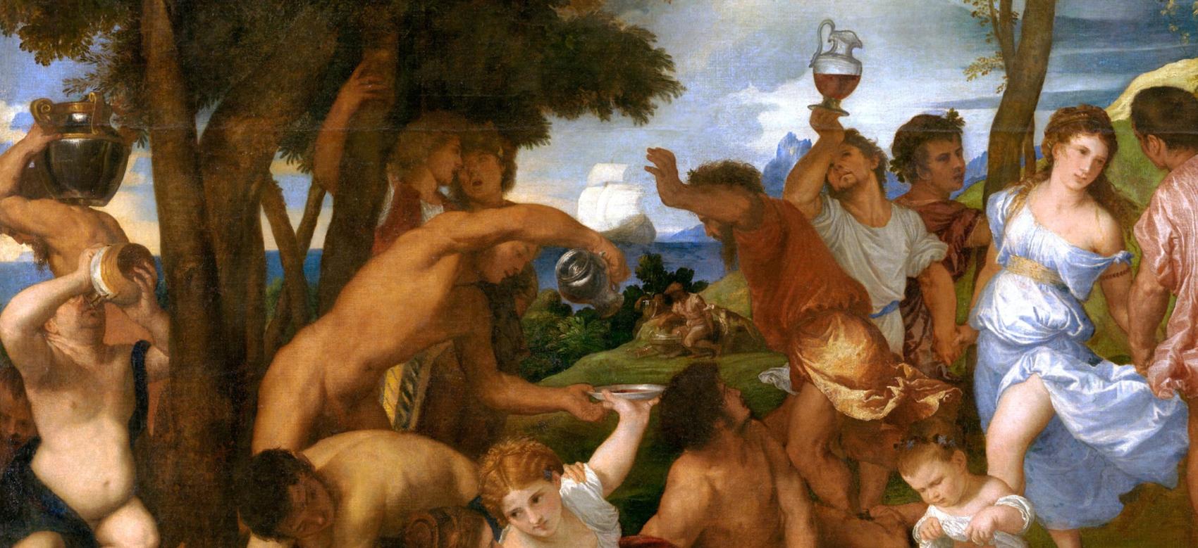 A detail of the Renaissance oil painting "The Bacchanal of the Andrians" by Titian that shows several people consuming alcohol