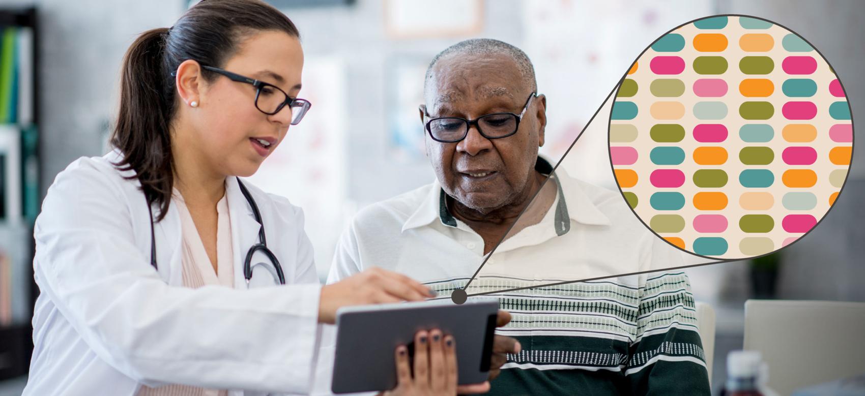 A doctor and a senior patient look at the patient's personalized genomic sequencing results on a tablet in a doctors office