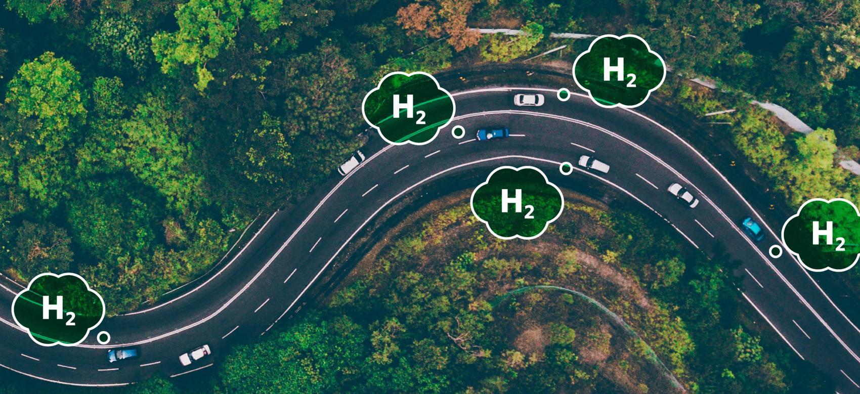 Photo illustration of an aerial view of cars that are powered by green hydrogen on a highway.