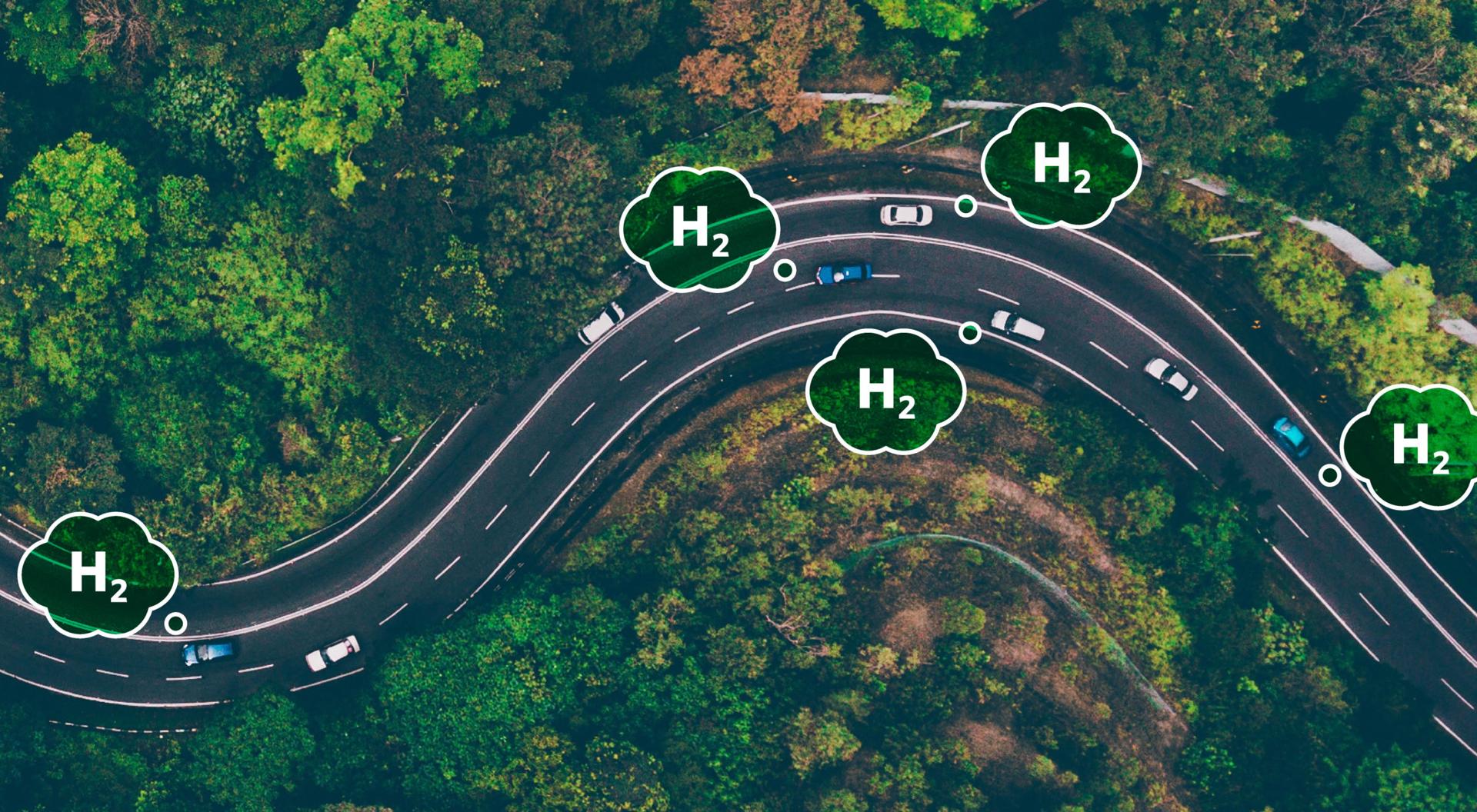 Photo illustration of an aerial view of cars that are powered by green hydrogen on a highway.