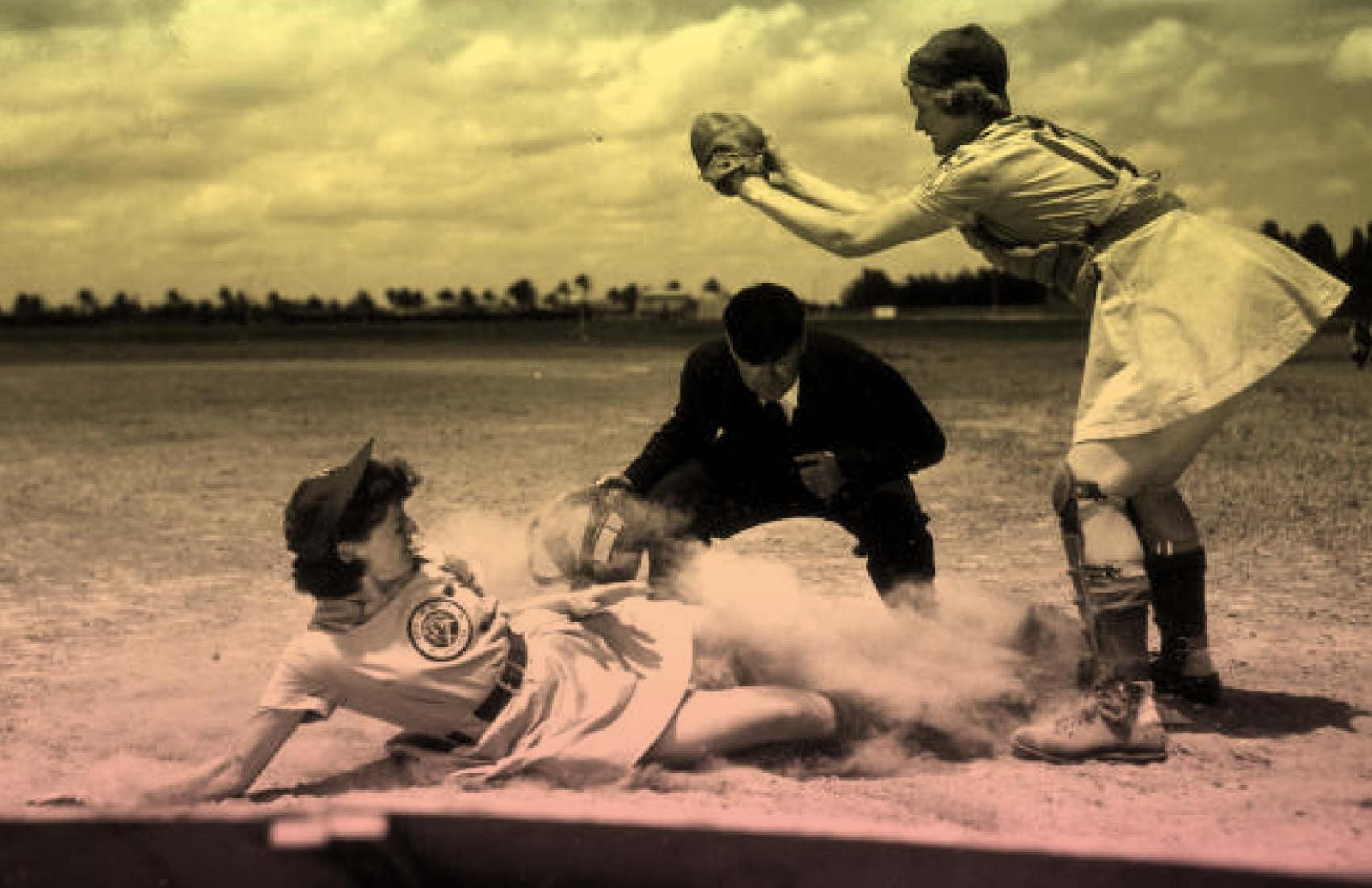 A 1948 photo of All American Girls Professional Baseball League player Marg Callaghan sliding into home plate
