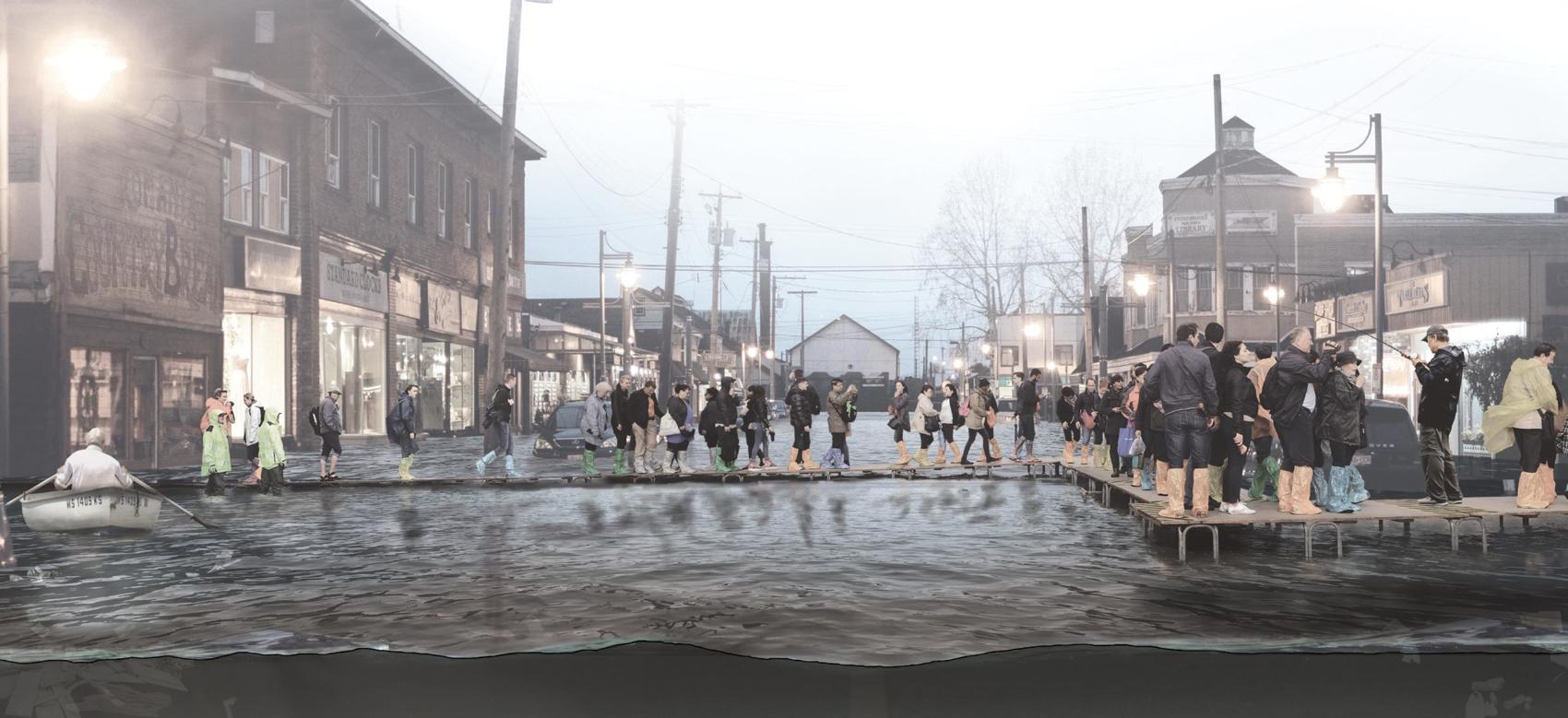 Speculative rendering of Richmond in the year 2050 if no coastal adaptation measures are taken. It shows streets flooded with water from a rise in sea levels, and people walking on makeshift platforms built above the water.