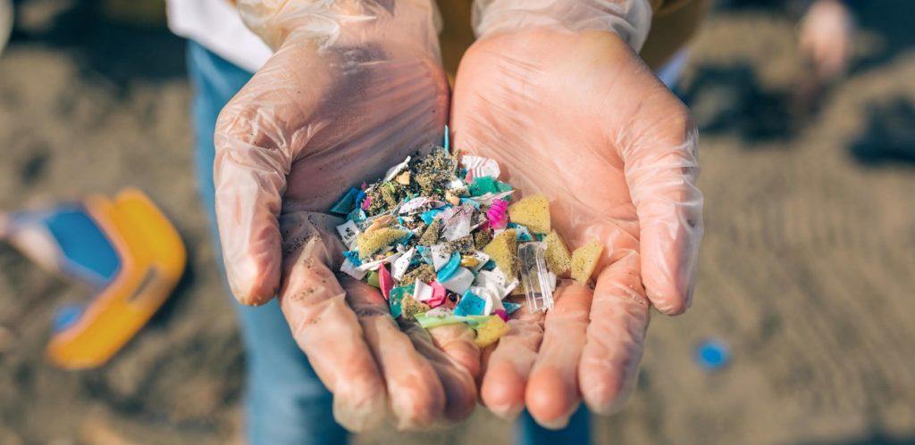 Gloved hands holding pieces of plastic found in the ocean