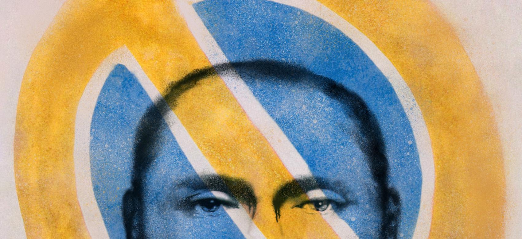 Spray painted graphic of Vladimir Putin with Ukrainian colours superimposed over his face