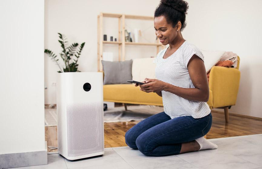 Photo of woman adjusting air filter in her living room