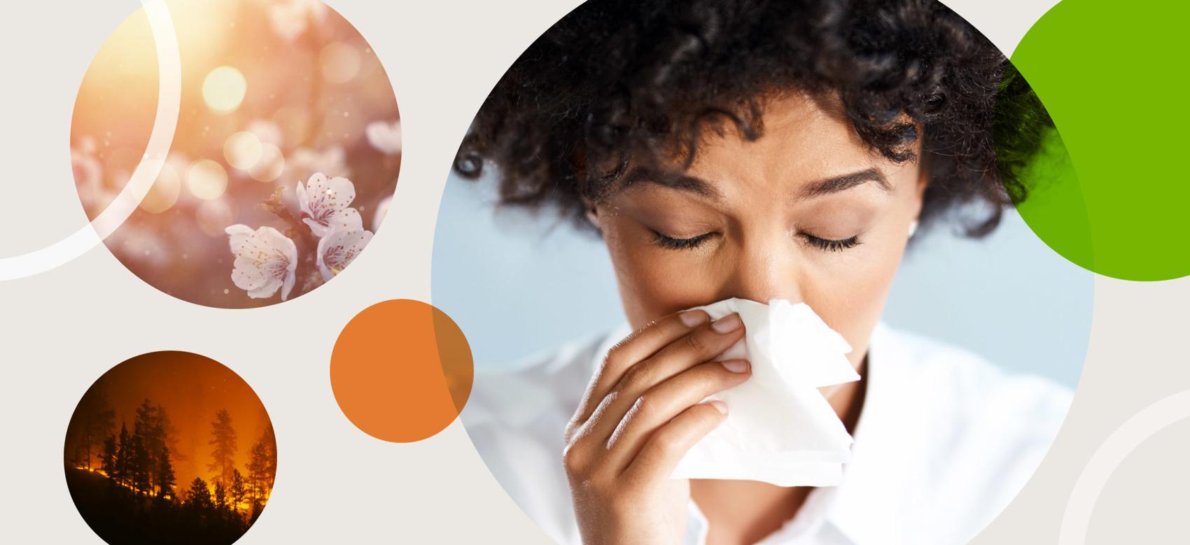 Wildfires, pollen and a person with a tissue showing depicting air quality in BC