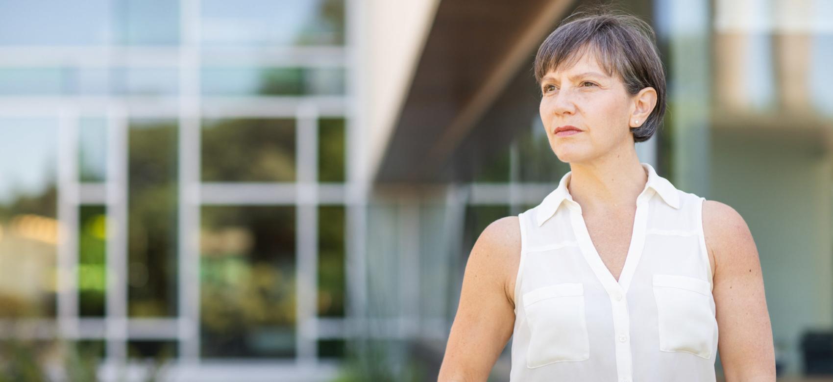 Tamara Levy stands in front of the UBC Allard School of Law
