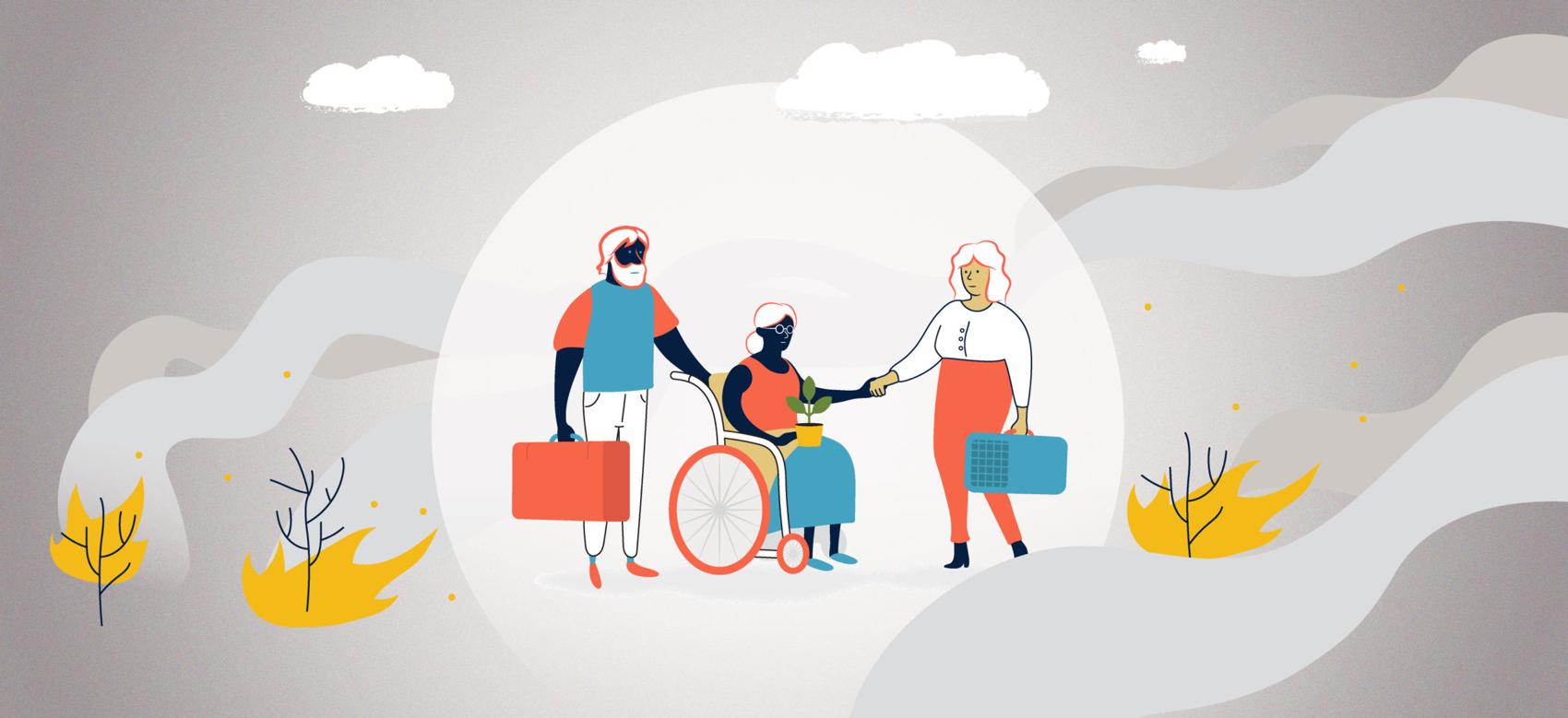 Illustration of a person carrying a suitcase, a person in a wheelchair, and a person standing with a pet carrier while wildfires burn.