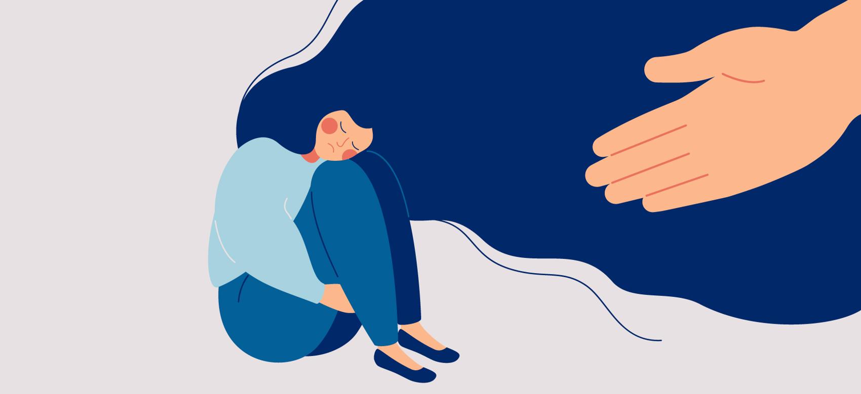 Illustration of a person sitting and hugging their knees, while an outstretched hand reaches out to them