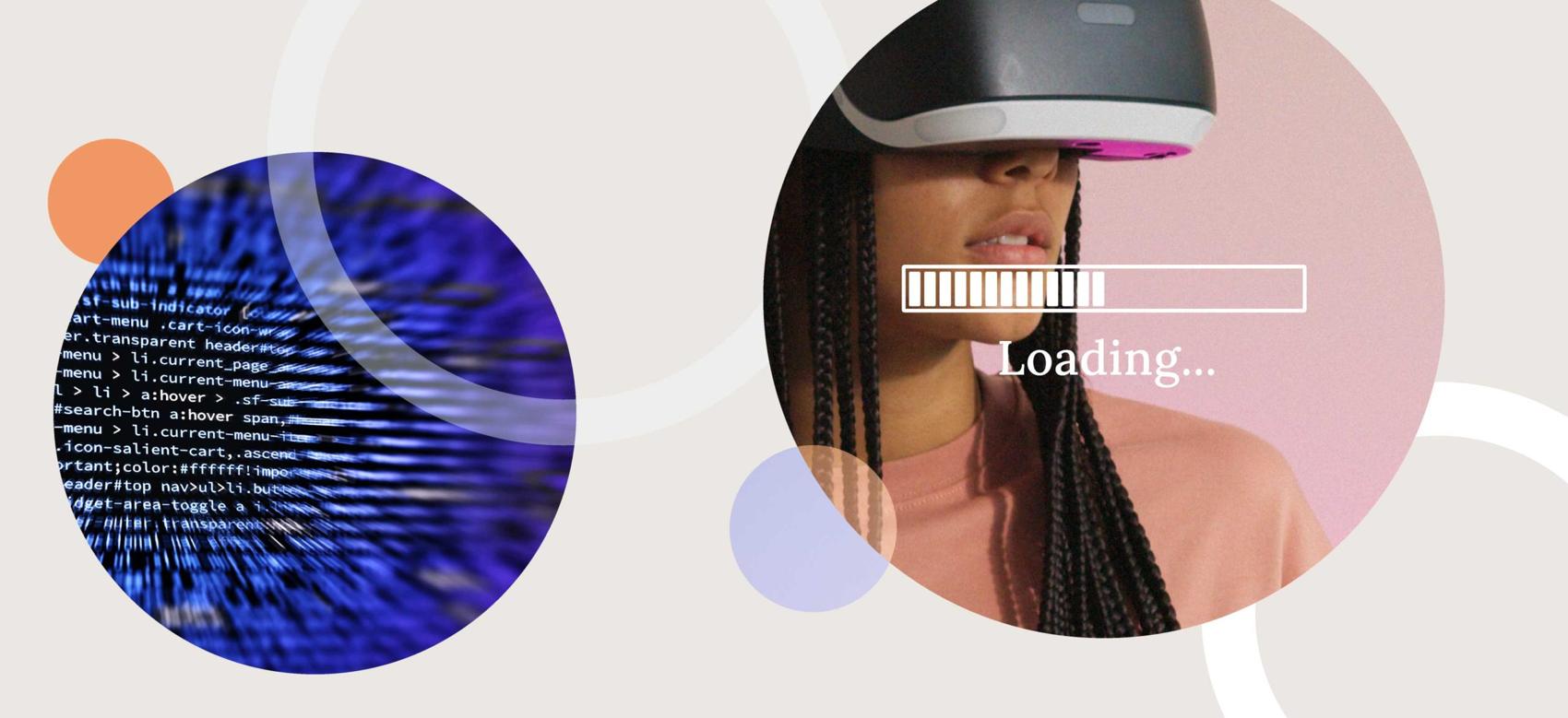 The metaverse with images of computer text and a VR virtual reality headset with the words "loading" superimposed over a person.