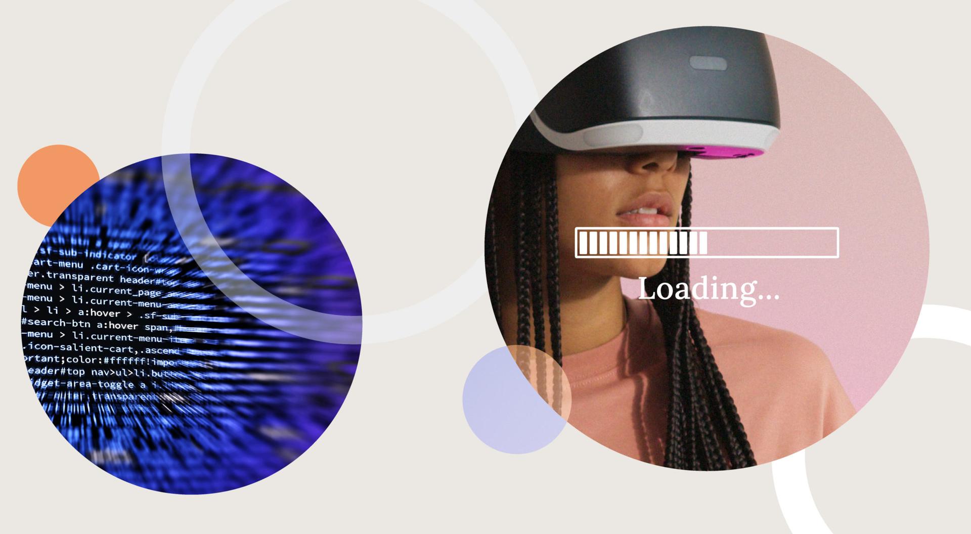 A collage showing a woman using a virtual reality headset as well as code.