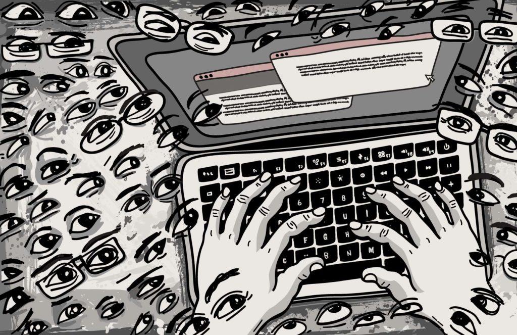 Hands typing over a computer with eyes watching to illustrate the metaverse VR.