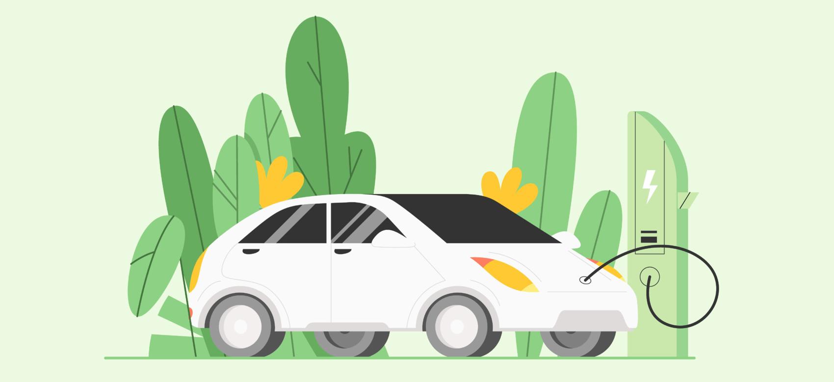 An illustration of an electric car plugged into a charger and surrounded by plants.
