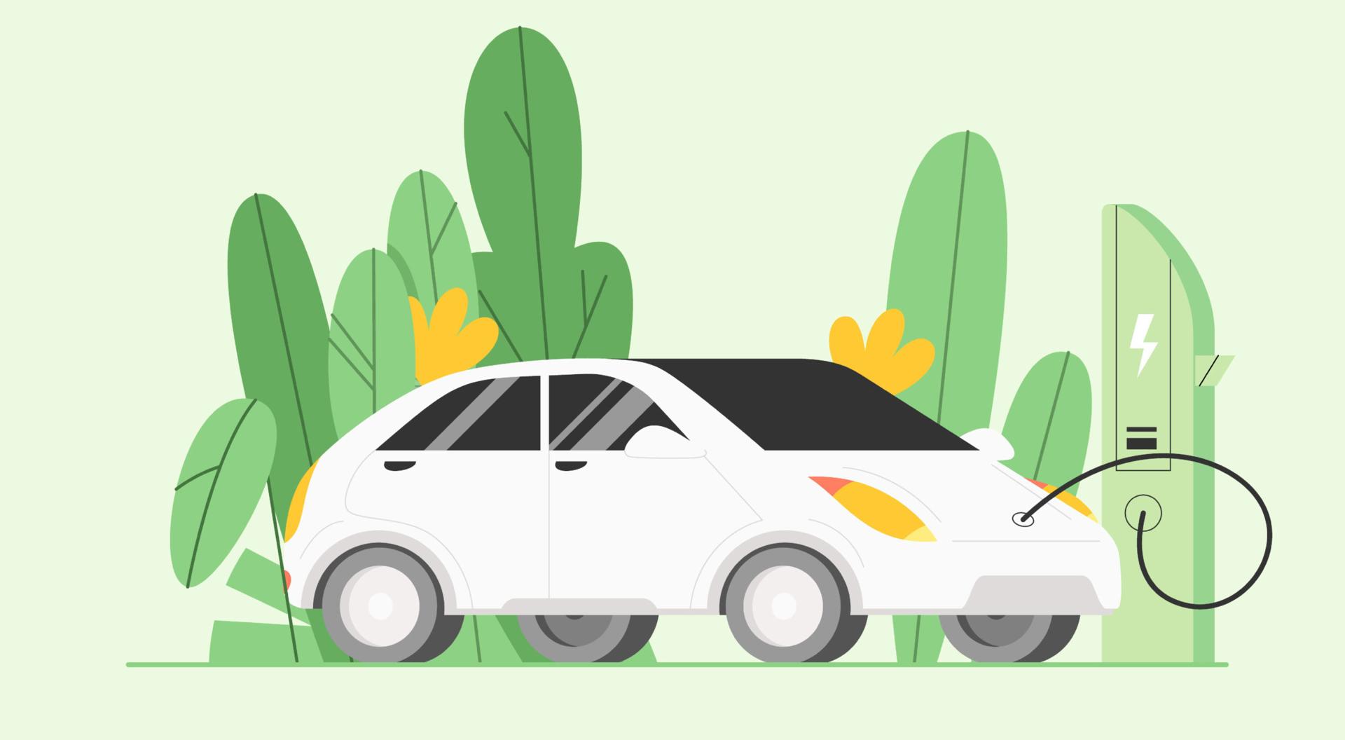 An illustration of an electric car plugged into a charger and surrounded by plants.