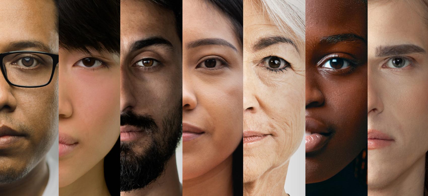 A composite photo of the faces of seven people of different ages and races and genders
