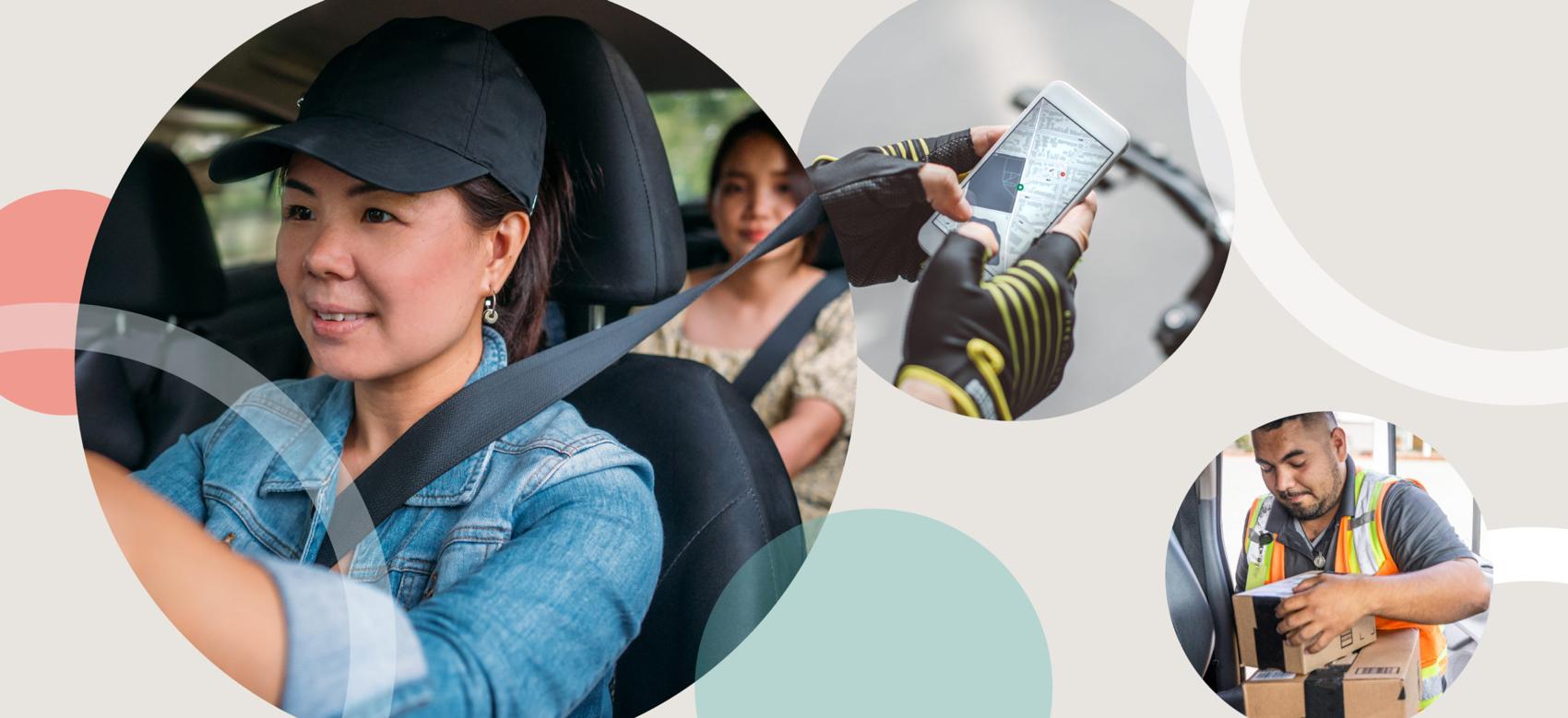 A collage shows a driver, a cell phone and a delivery worker unloading boxes