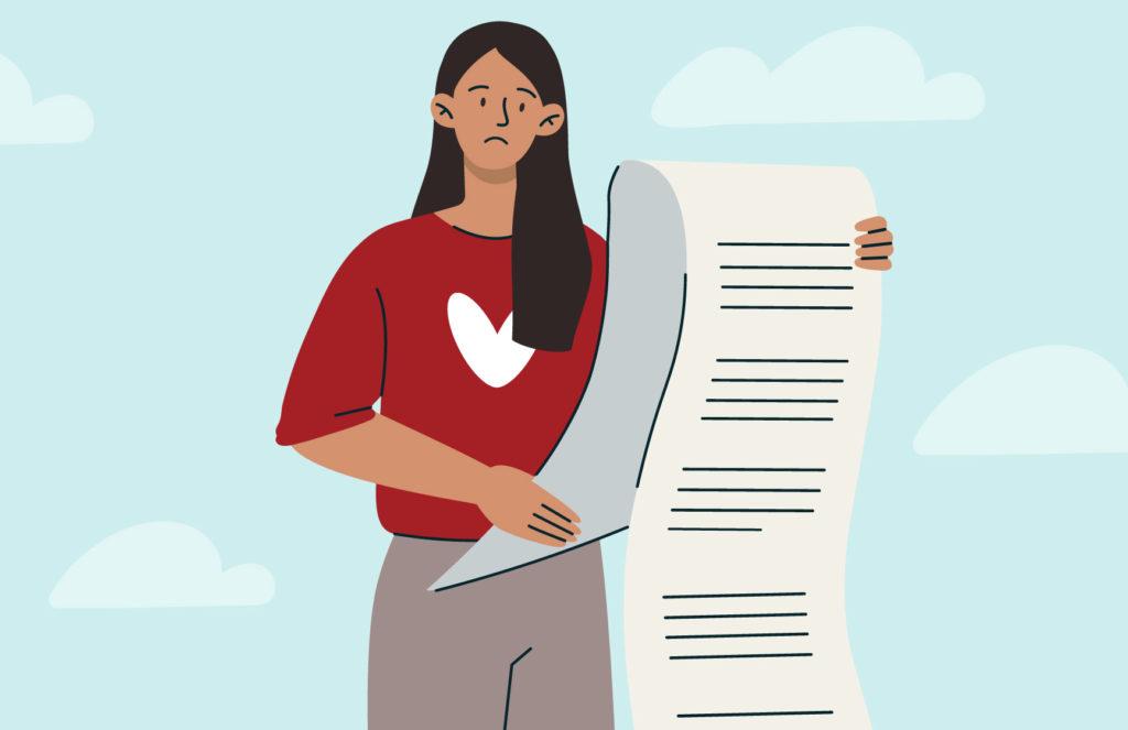 Illustration of a concerned looking young woman wearing a red shirt with a heart and looking at a long list.