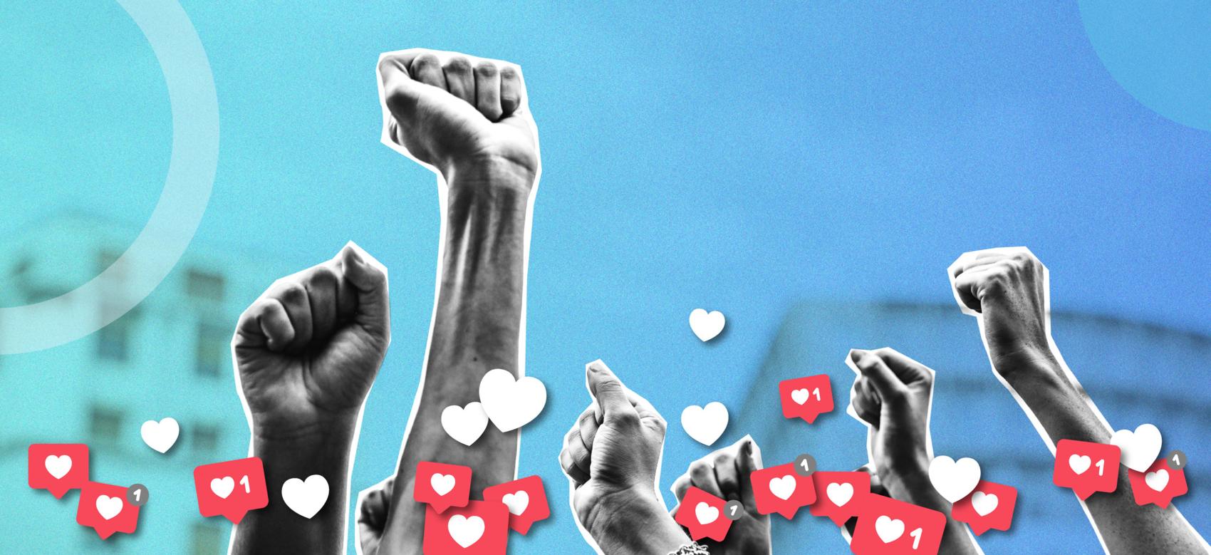 Raising arms with social media likes icons