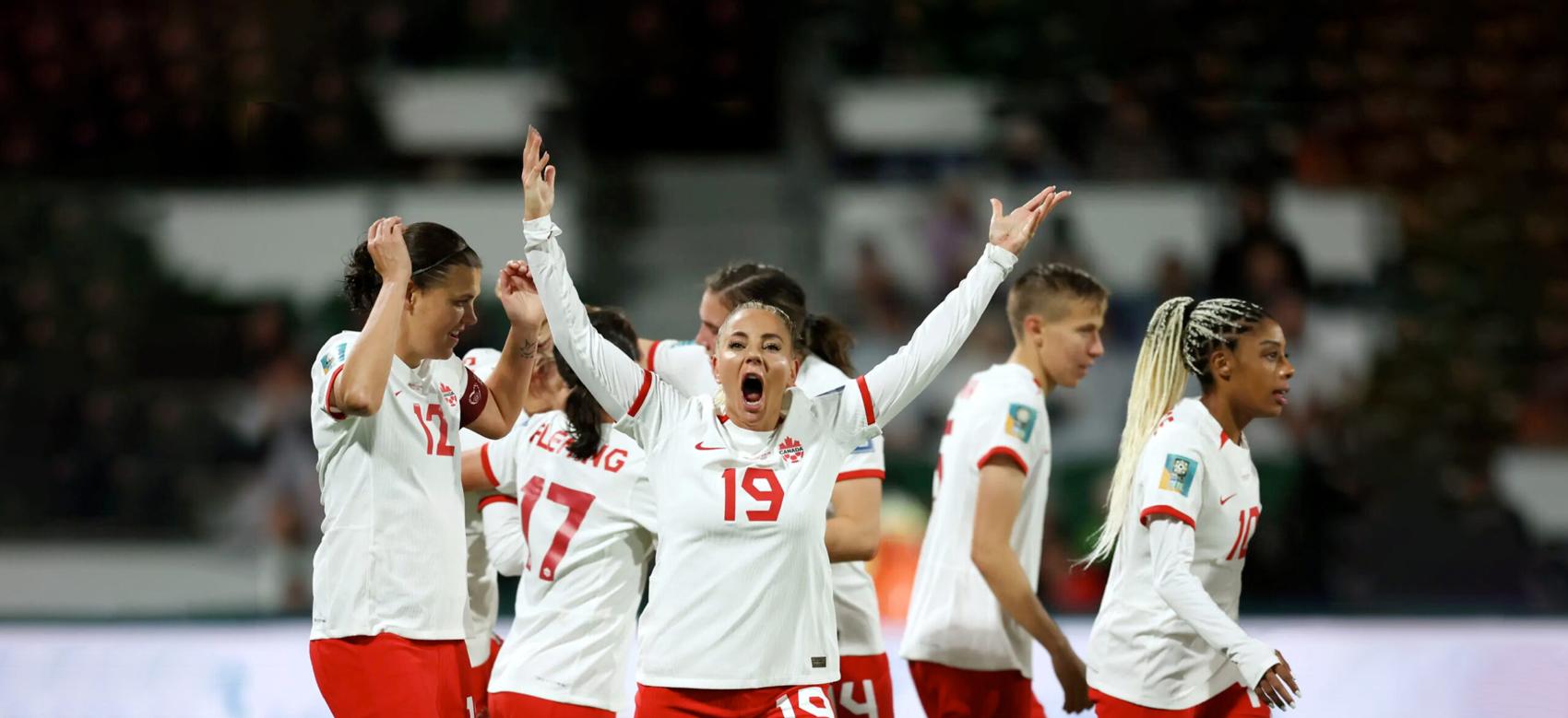 A photo of the Canadian women’s soccer team celebrating their victory against Ireland during their Group B match at FIFA Women’s World Cup in Perth, Australia, 2023.