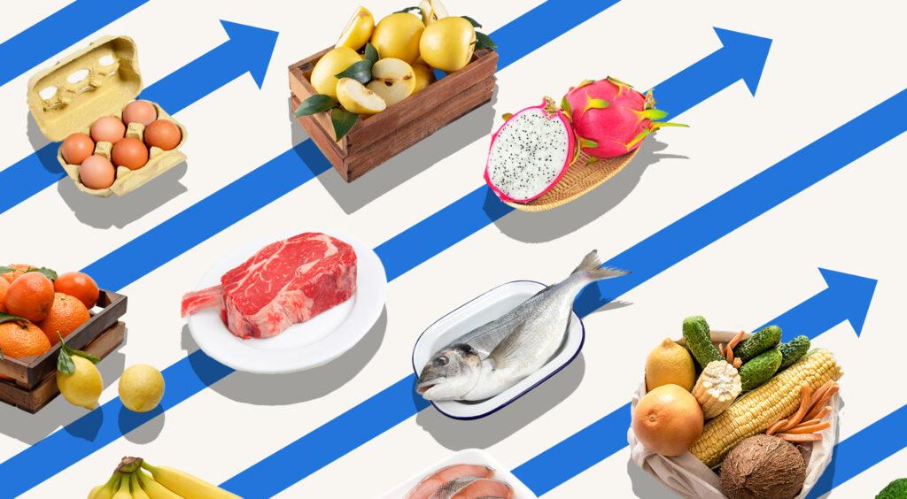 Assortment of food items including fruits, vegetables, eggs, fish, and meat displayed with directional arrows on a white background.