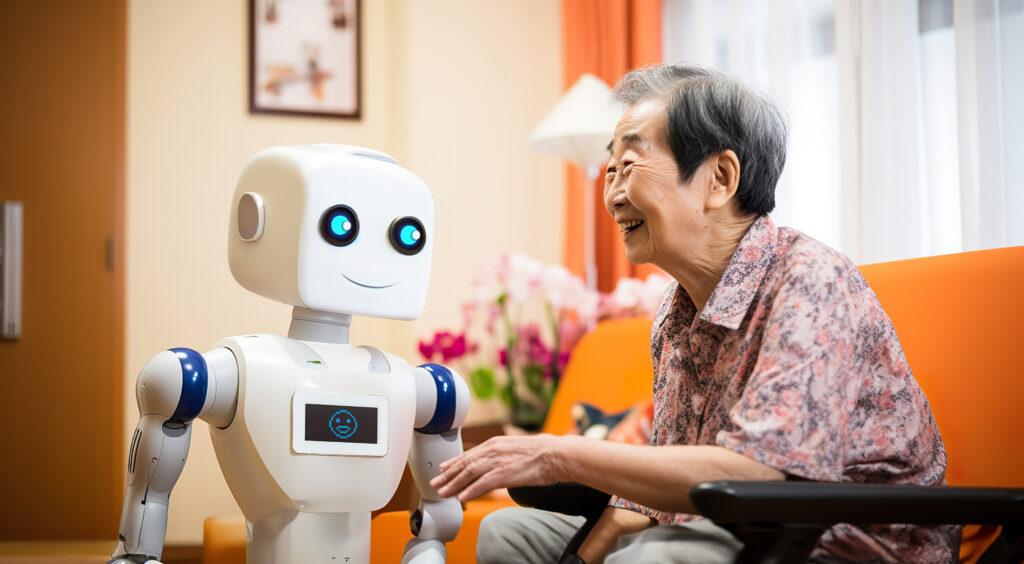A robot in a retirement home with a happy old woman.