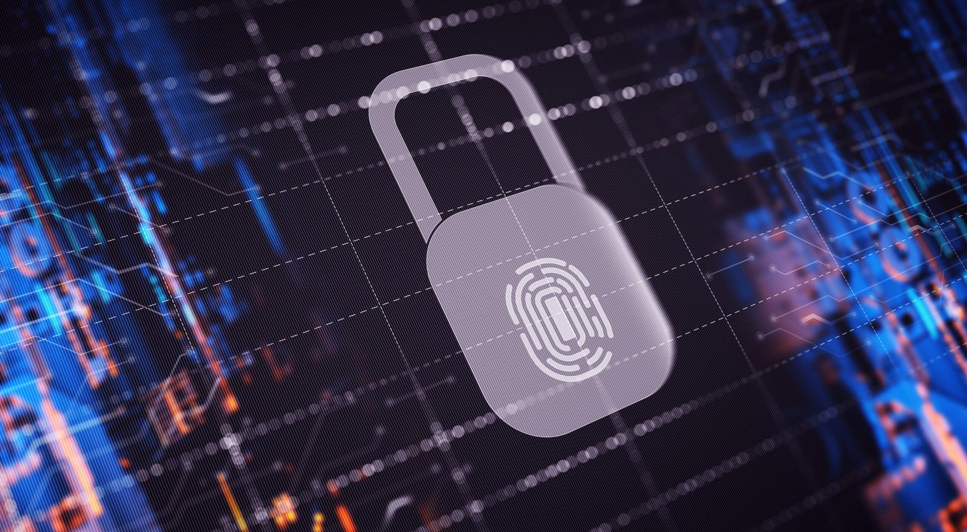 A padlock with a fingerprint scanner on a blue digital background.