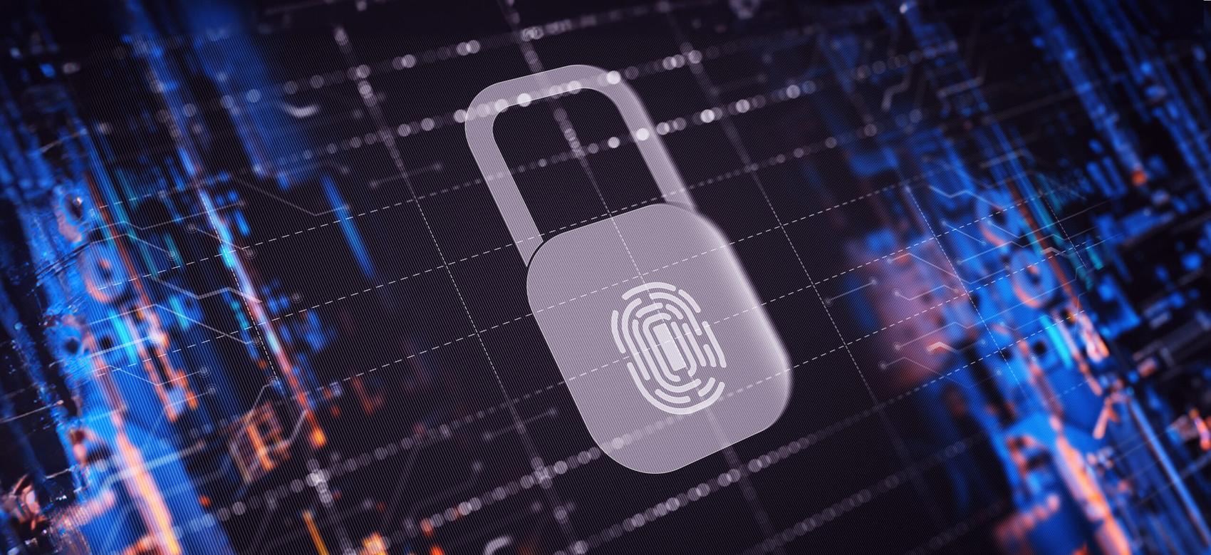A padlock with a fingerprint scanner on a blue digital background.