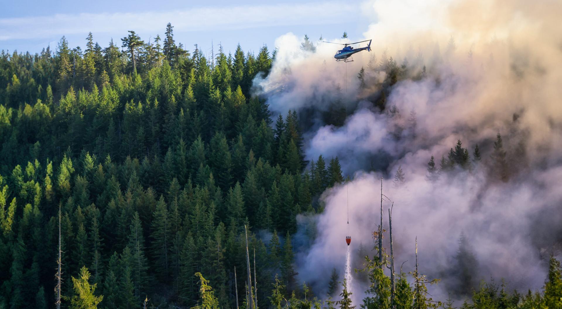 Helicopter fighting British Columbia forest fires during a hot sunny summer day.
