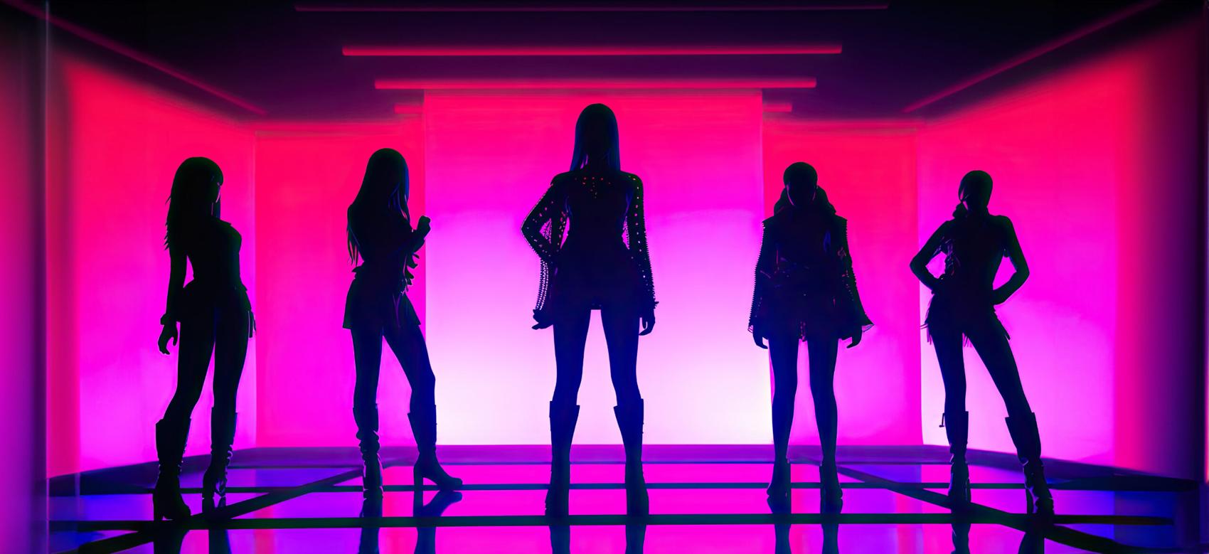 Silhouettes of a girl group basking in the radiant pink light.