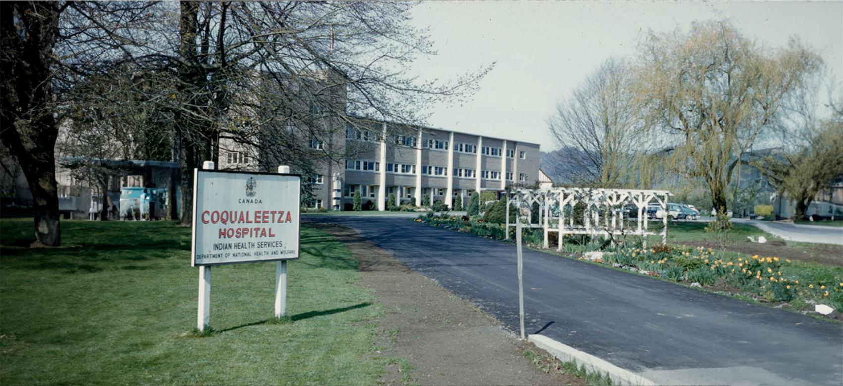 A historic snapshot of Coqualeetza Hospital, which was operated by Indian Health Services and the Department of National Health and Welfare.