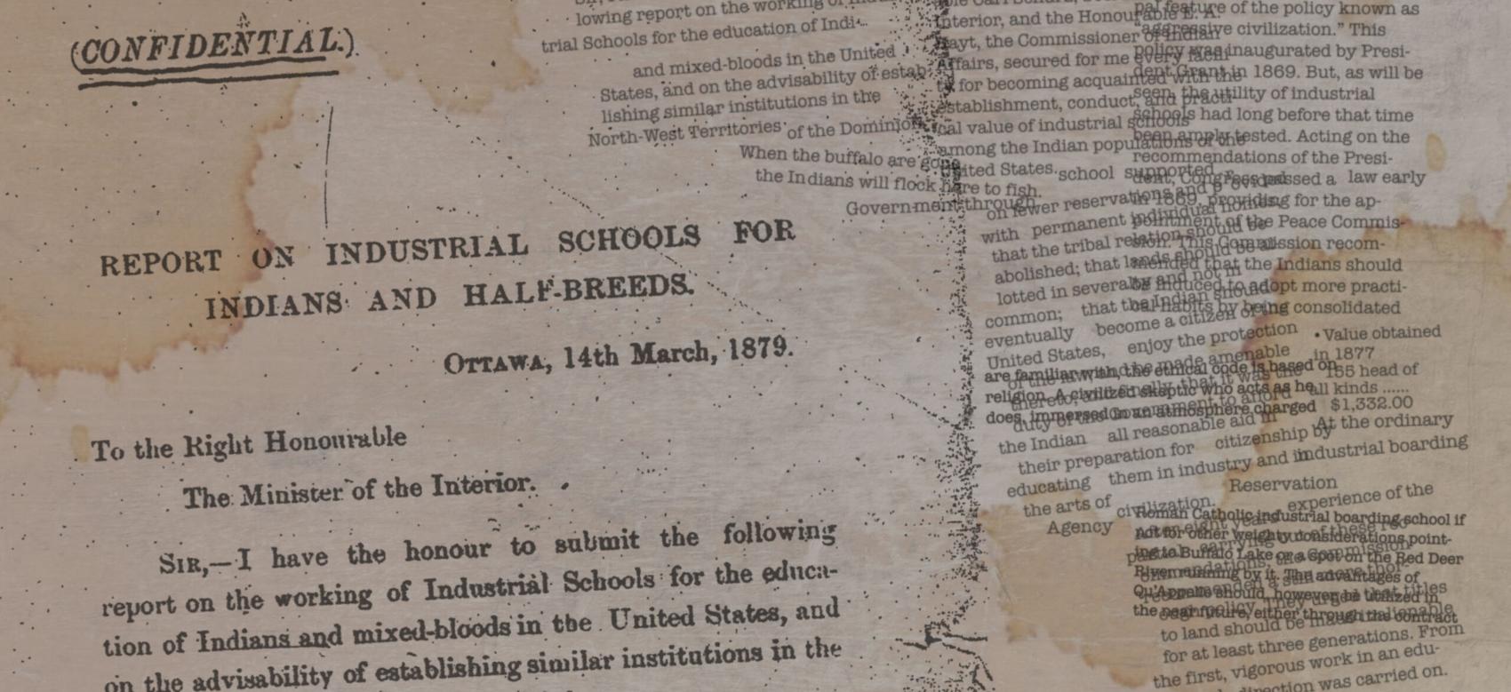 Text excerpts from the Davin Report on residential schools, layered on a historical image of the document.
