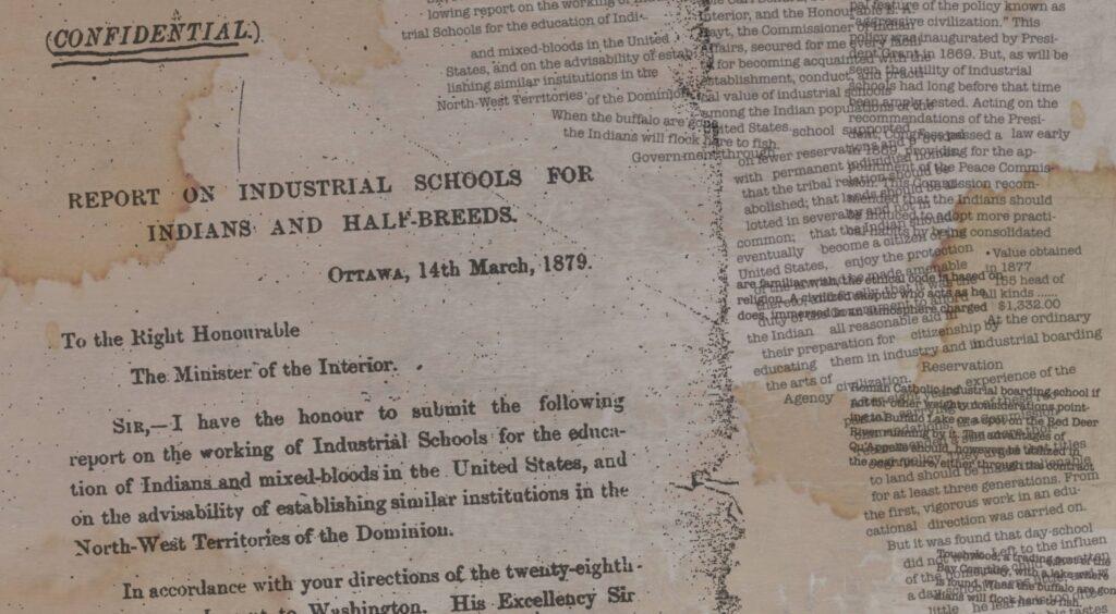 Text excerpts from the Davin Report on residential schools, layered on a historical image of the document.