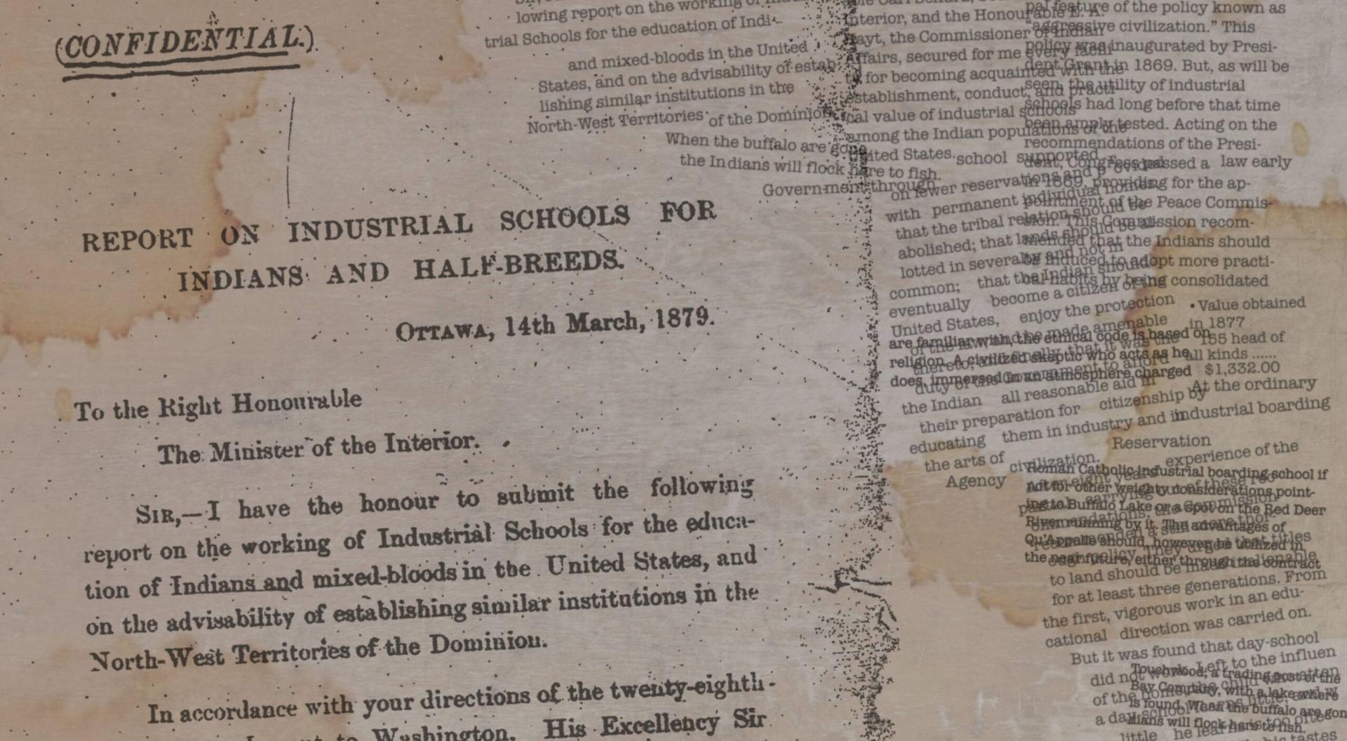Text excerpts from the Davin Report on residential schools, layered on a historical image of the document.