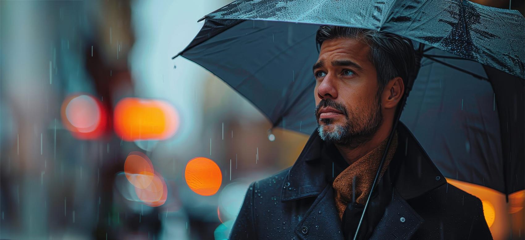 A man with an umbrella looks upward as rain falls on a city street