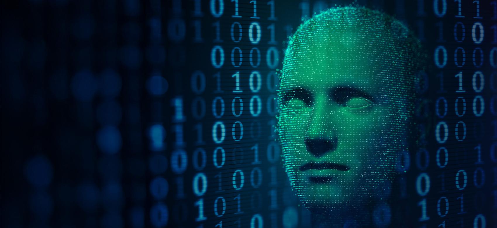 3D hologram of a human head in a blue digital binary data on computer screen.